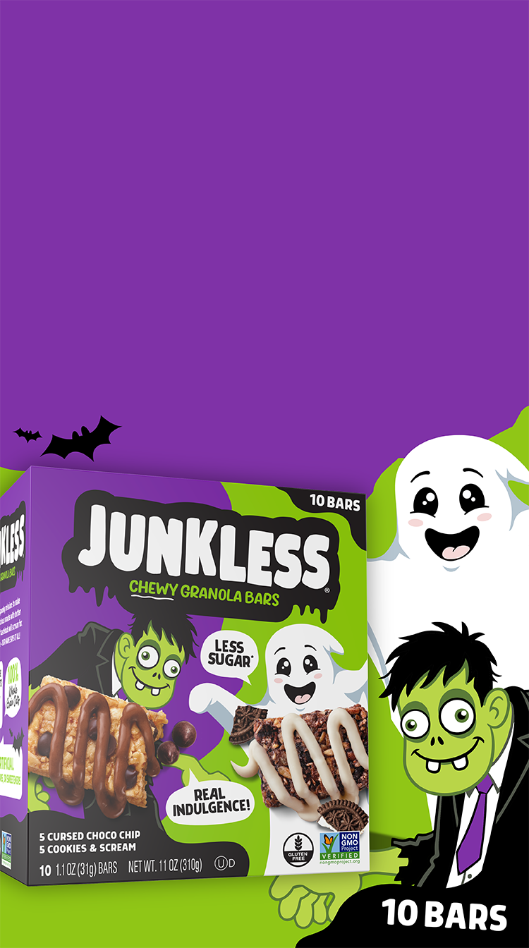 A box of Junkless Chewy Granola Bars with Halloween-themed cartoon graphics, including a white ghost and a green monster, on a purple background with a green bottom section and '10 BARS' text.