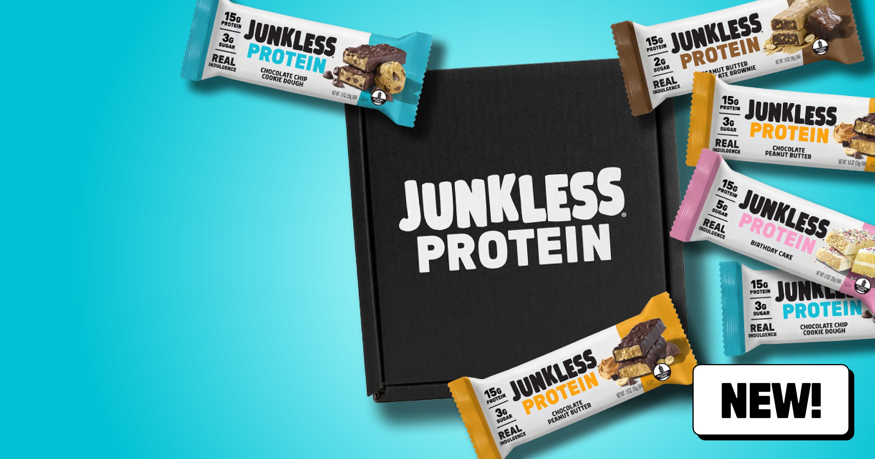 Scattered wrapper protein bars next to a black box on a blue background