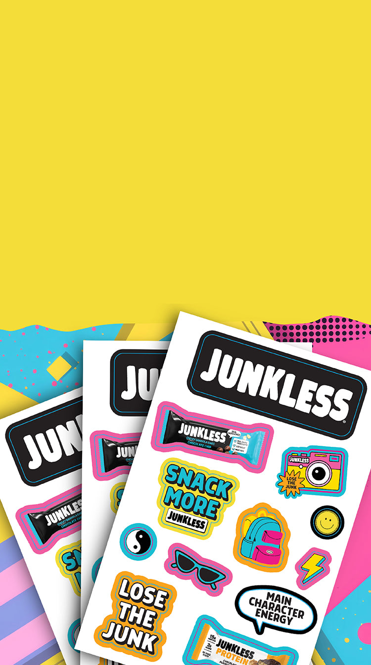 Three sheets of colorful 'Junkless' themed stickers fanned out against a bright yellow background with abstract colorful shapes.