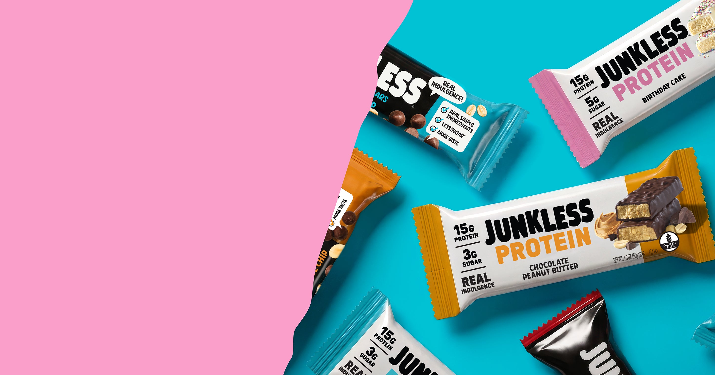 Junkless Protein Bars and Granola Bars on a Pink and Blue Background