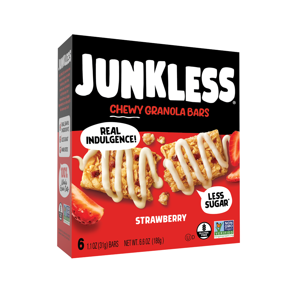 Box of Junkless Strawberry Chewy Granola Bars on a white background