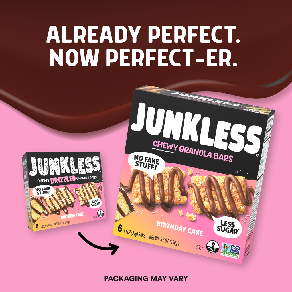 Junkless Chewy Granola Bars packaging on a pink and brown gradient background with text 'Already Perfect. Now Perfect-er.'