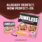 Junkless Chewy Granola Bars packaging on a pink and brown gradient background with text 'Already Perfect. Now Perfect-er.'