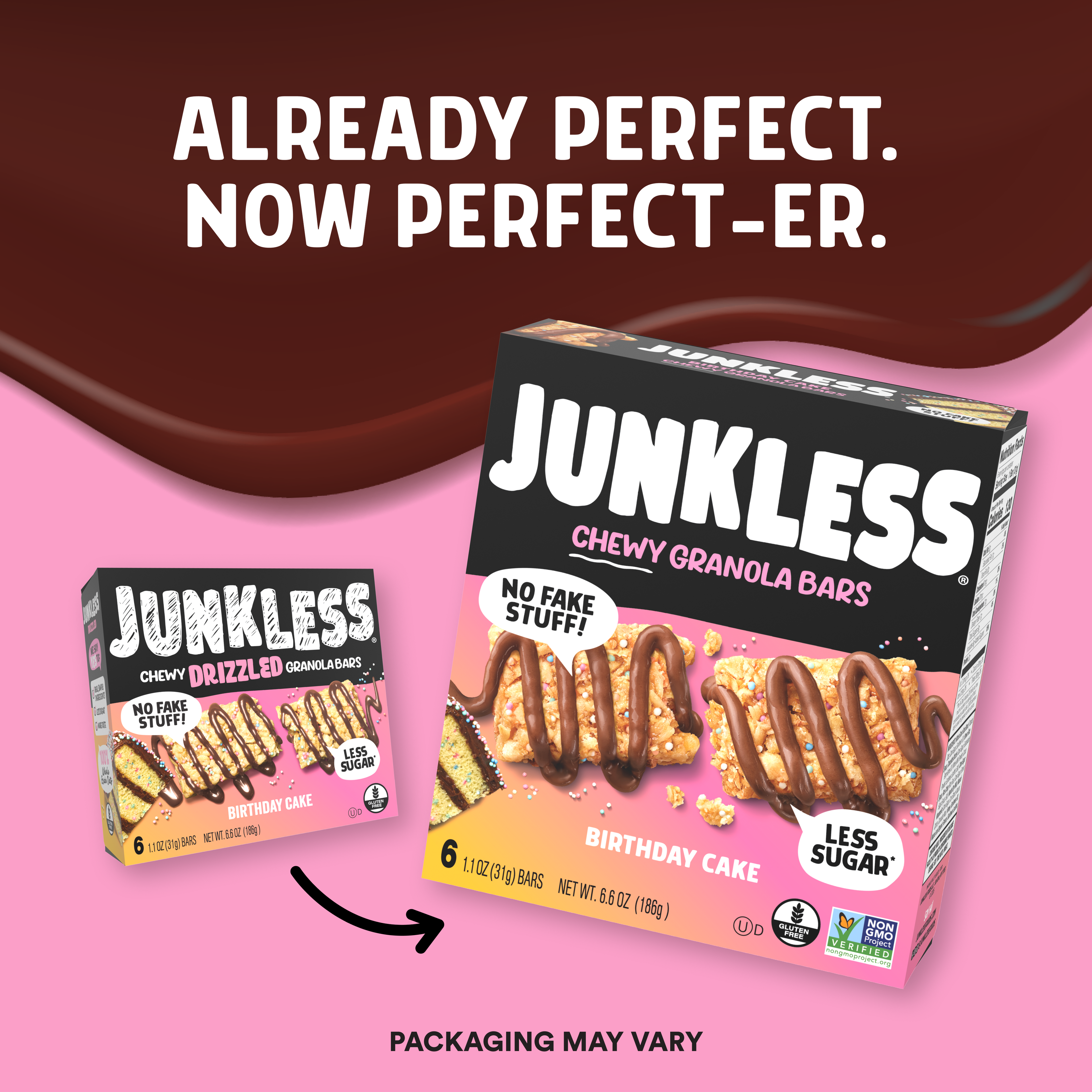 Junkless Chewy Granola Bars packaging on a pink and brown gradient background with text 'Already Perfect. Now Perfect-er.'