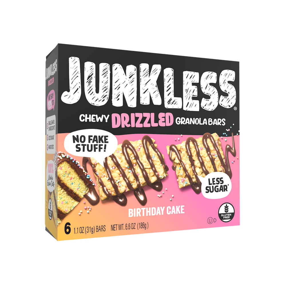 Box of Junkless Chewy Drizzled Granola Bars with birthday cake flavor on a white background