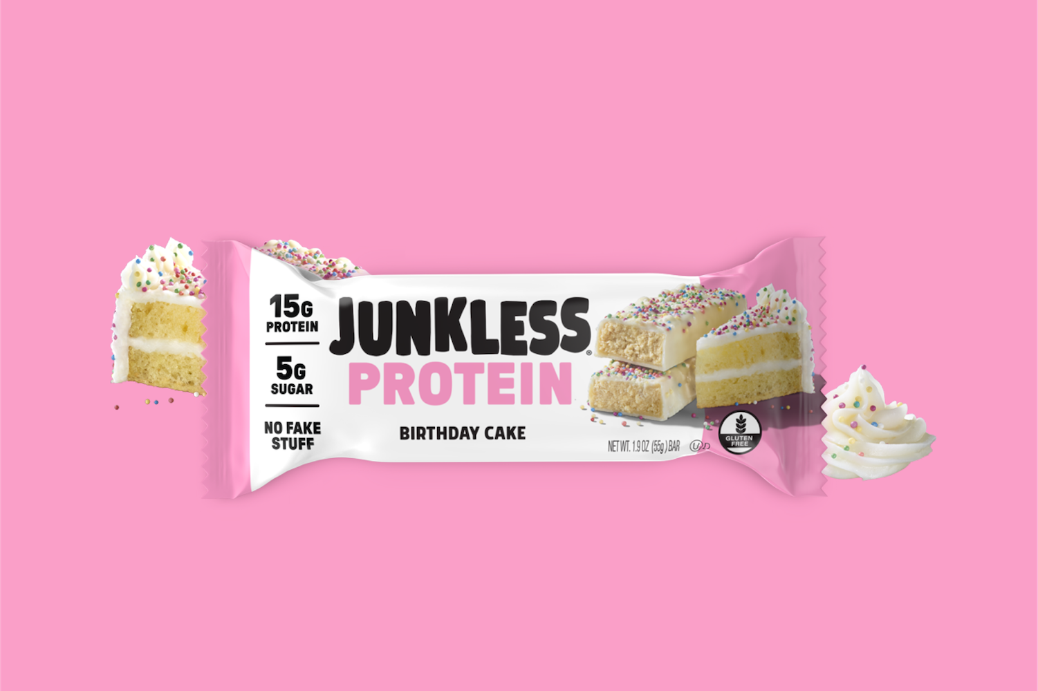 Junkless Protein Birthday Cake flavor package on a pink background