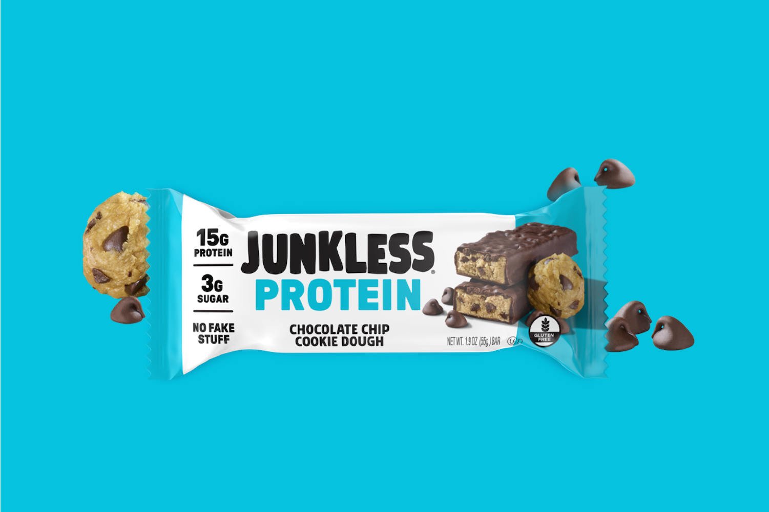 Junkless Chocolate Chip Cookie Dough Protein bar packaging with chocolate chips on a blue background