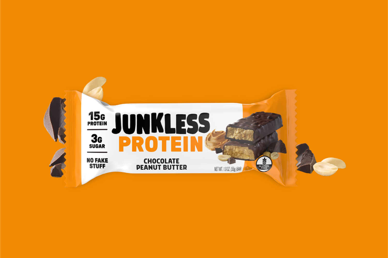 Junkless Chocolate Peanut Butter Protein bar packaging on an orange background