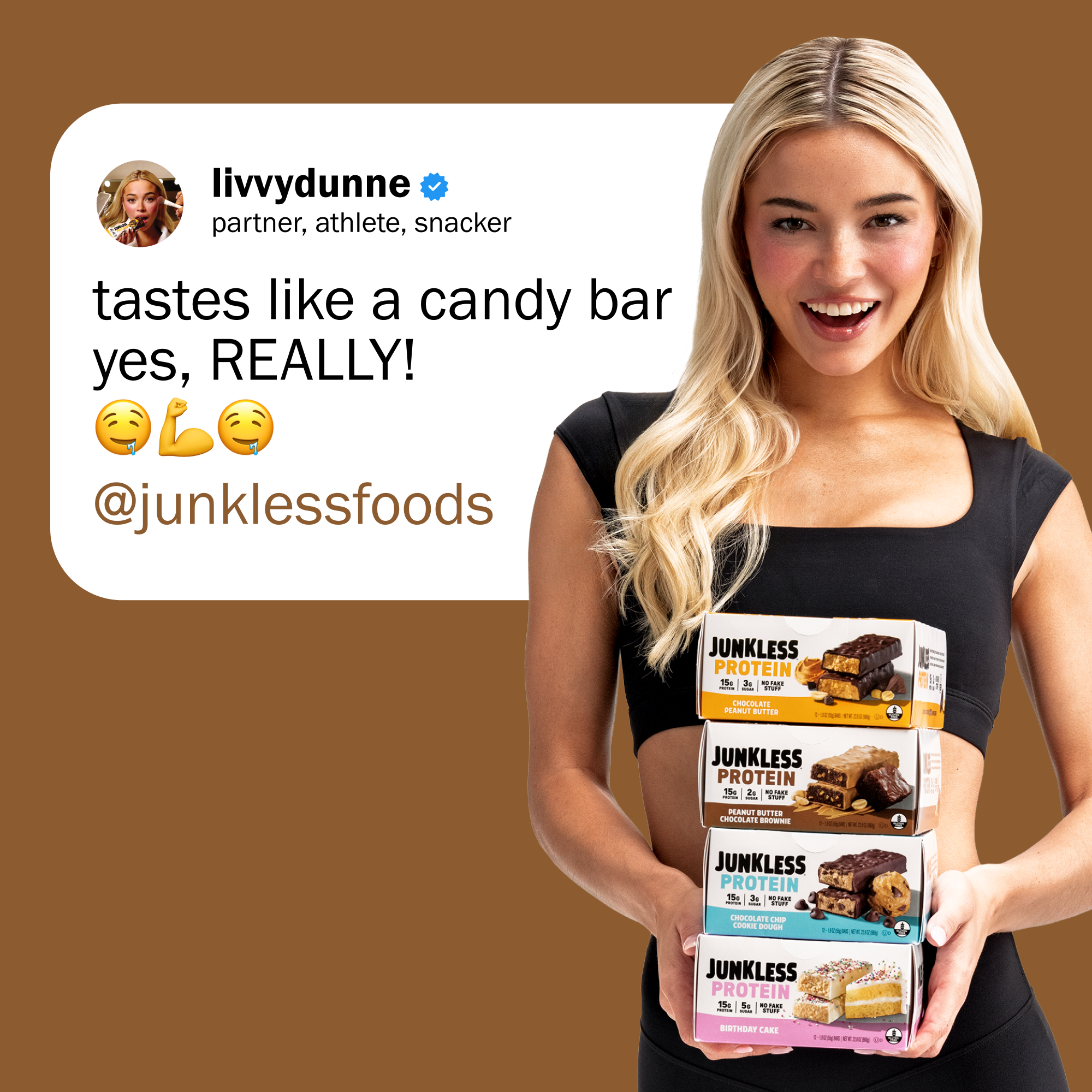 Woman holding Junkless protein bars with a social media post overlay on a brown background
