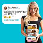 Woman holding Junkless protein bars with a blue background and social media text overlay.