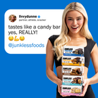 Woman holding Junkless protein bars with a blue background and social media text overlay.