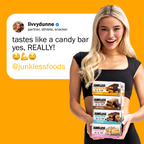 Woman holding Junkless protein bars with a promotional tweet on an orange background