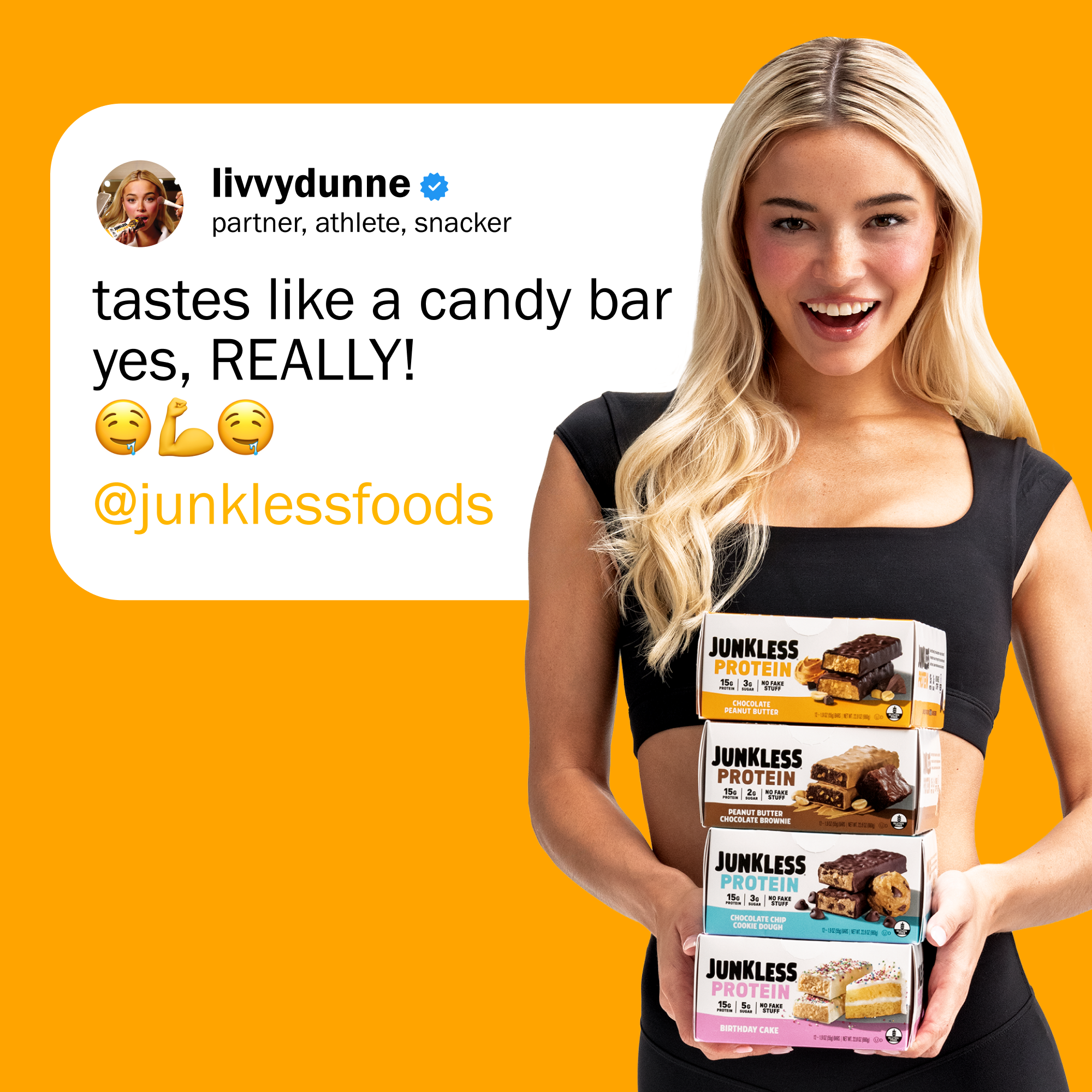 Woman holding Junkless protein bars with a promotional tweet on an orange background