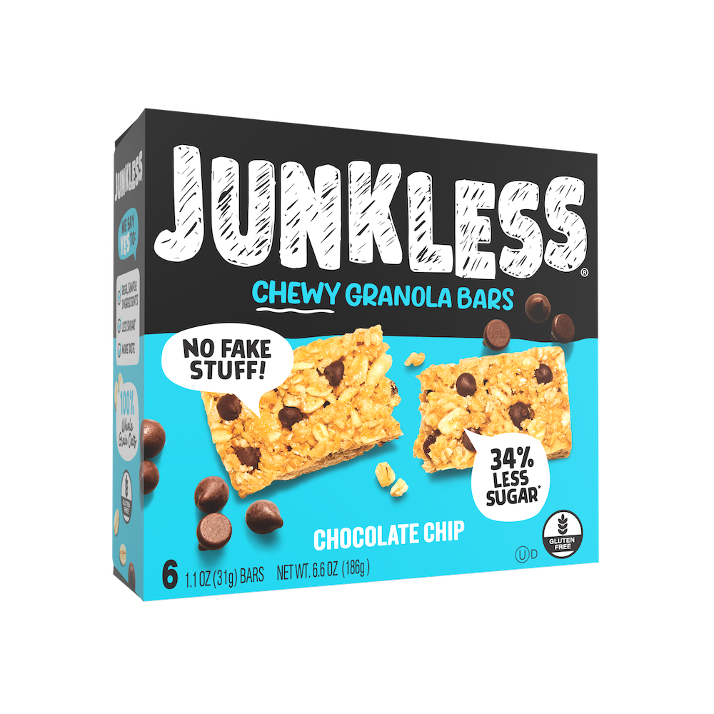 Box of Junkless Chewy Granola Bars with chocolate chips on a white background