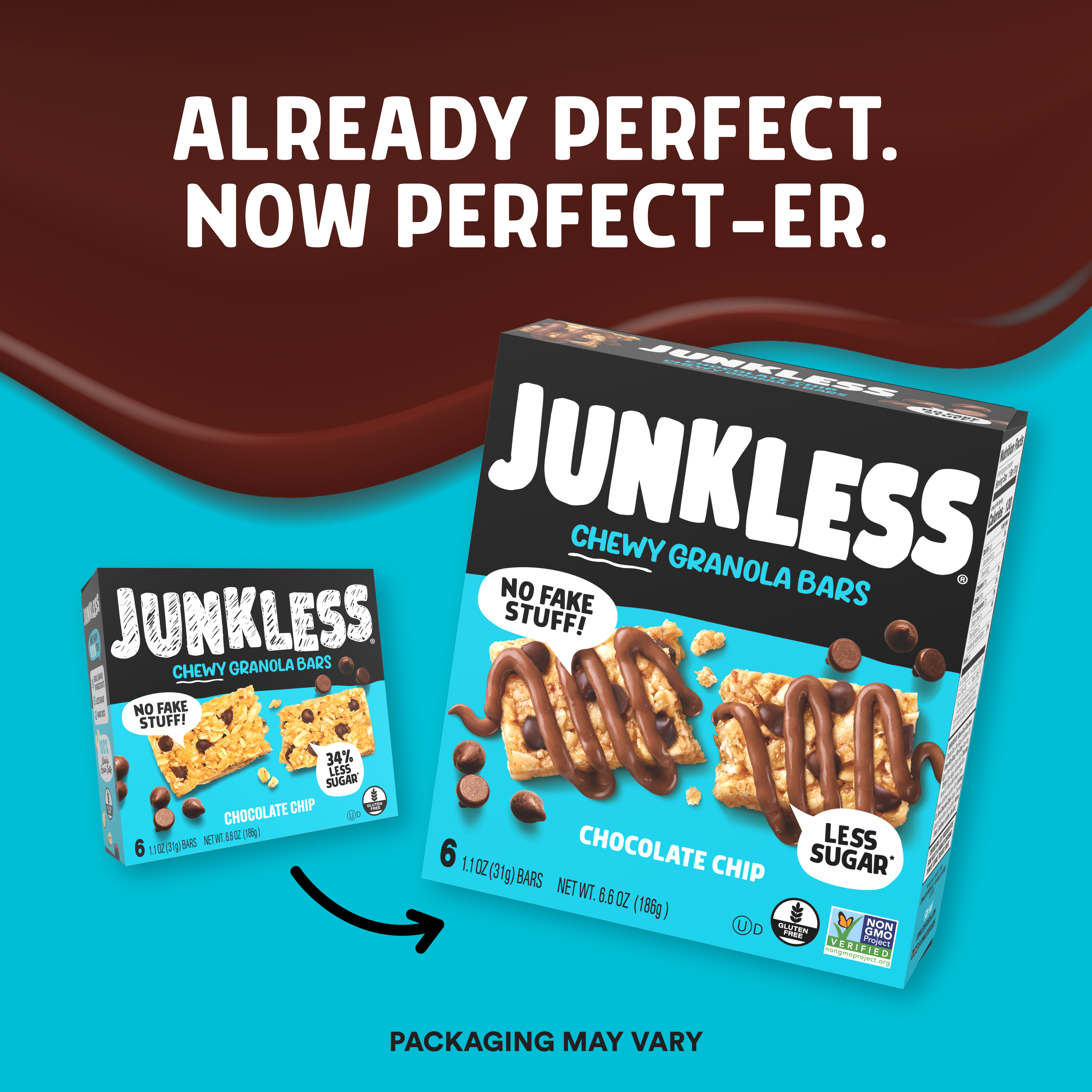 Junkless Chewy Granola Bars packaging on a blue and brown gradient background with text 'Already Perfect. Now Perfect-er.'