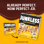 Junkless Chewy Granola Bars packaging on a yellow background with text 'Already Perfect. Now Perfect-er.'