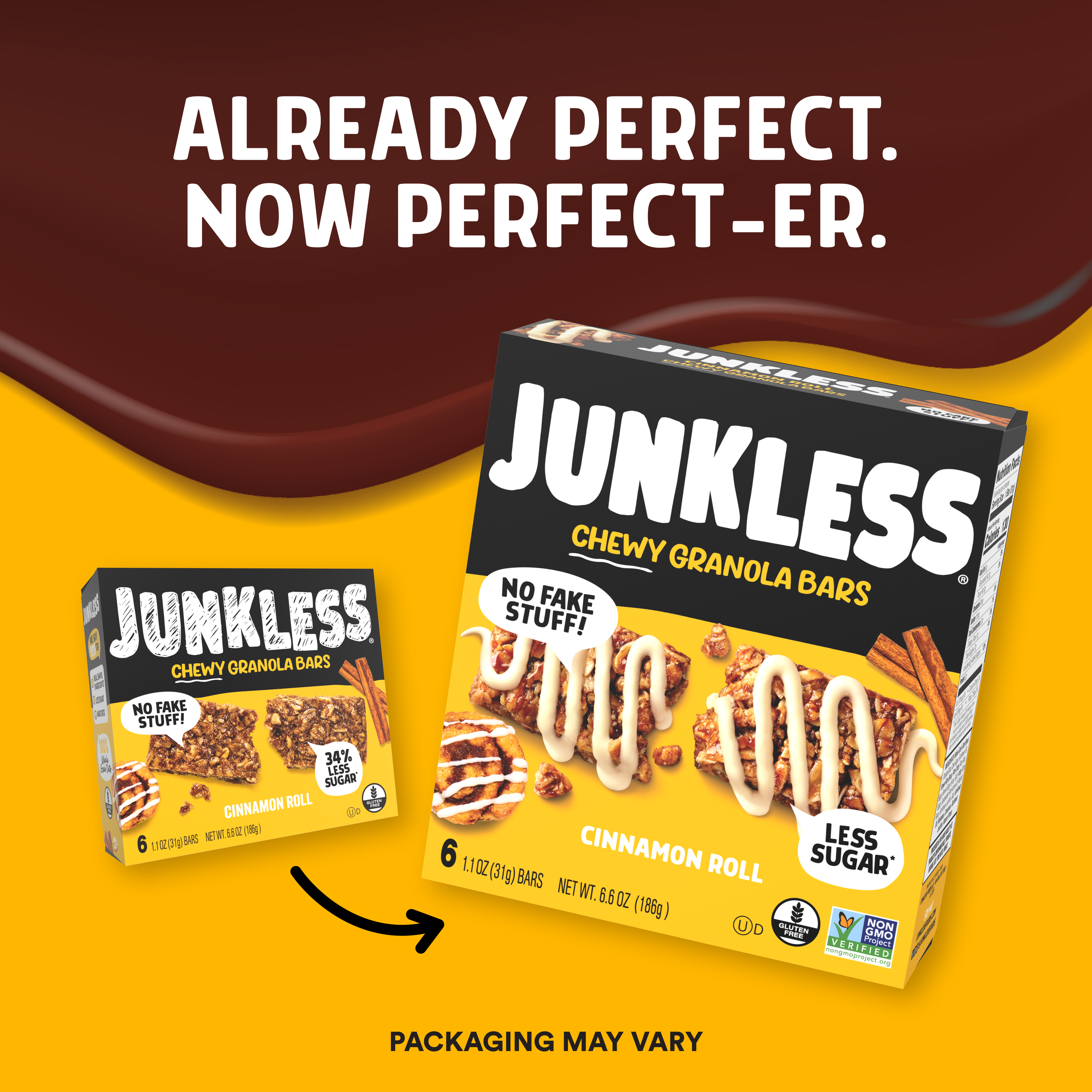 Junkless Chewy Granola Bars packaging on a yellow background with text 'Already Perfect. Now Perfect-er.'