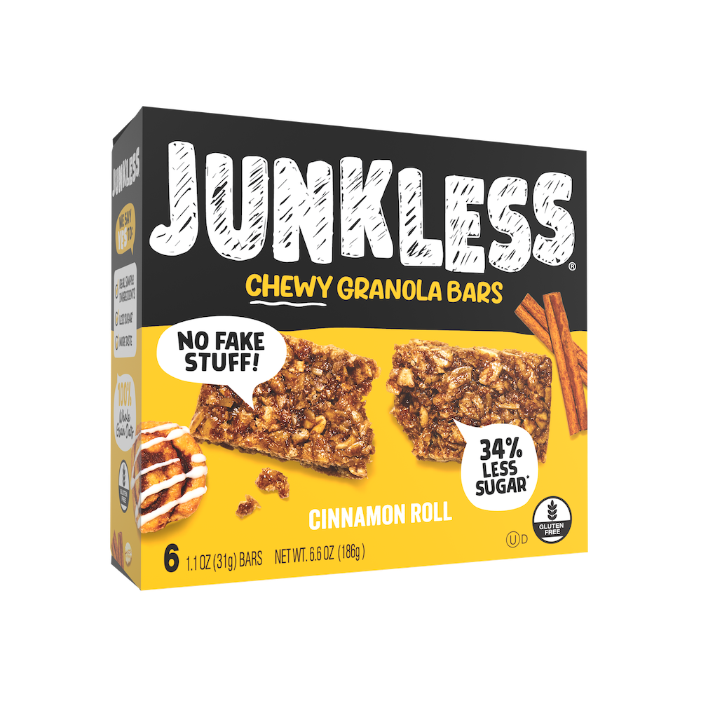 Box of Junkless Chewy Granola Bars with cinnamon roll flavor on a white background