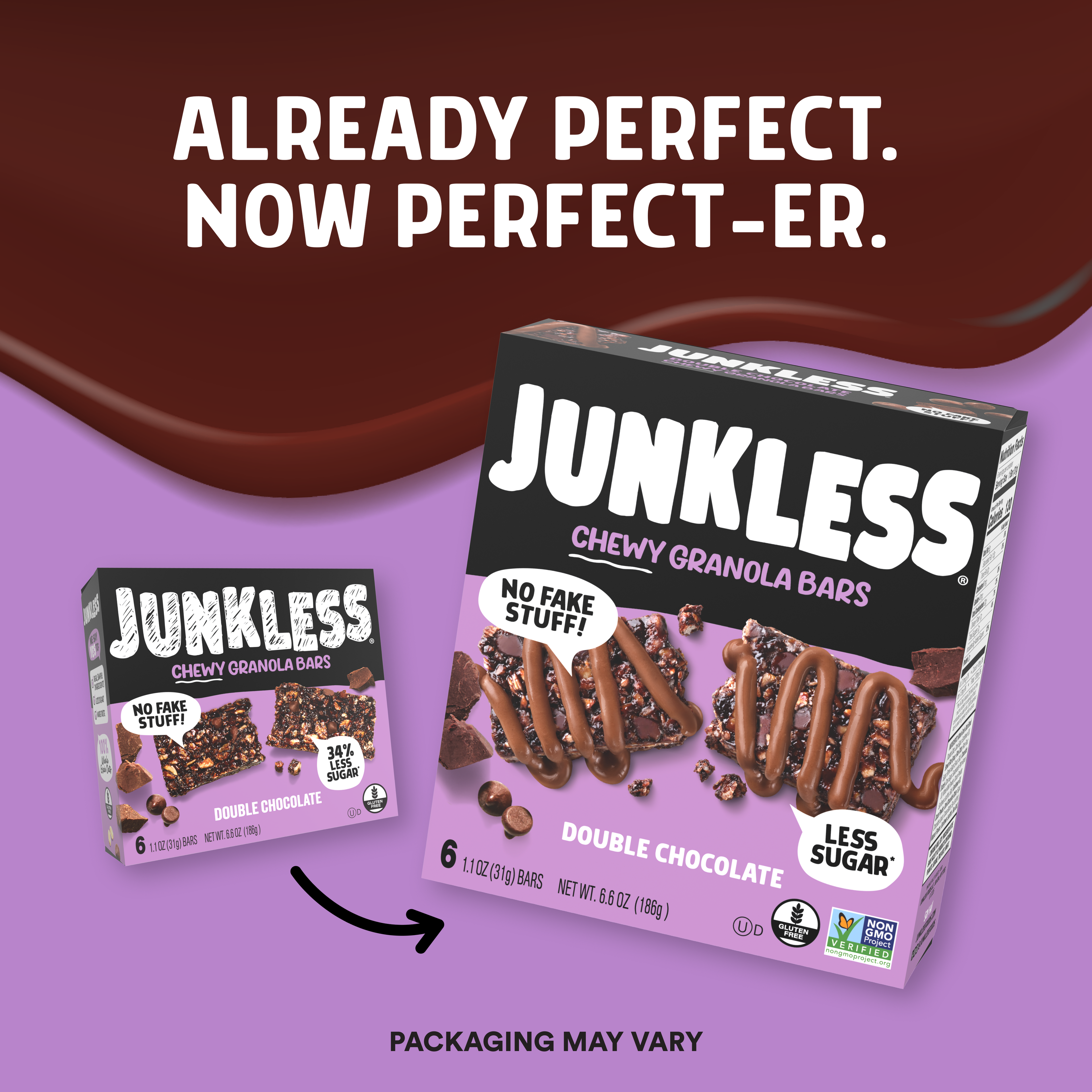 Junkless Chewy Granola Bars packaging on a purple background with text 'Already Perfect. Now Perfect-er.'