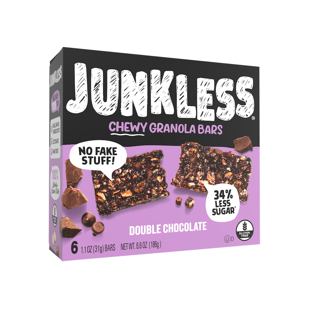 Box of Junkless Double Chocolate Chewy Granola Bars with a purple and black design.