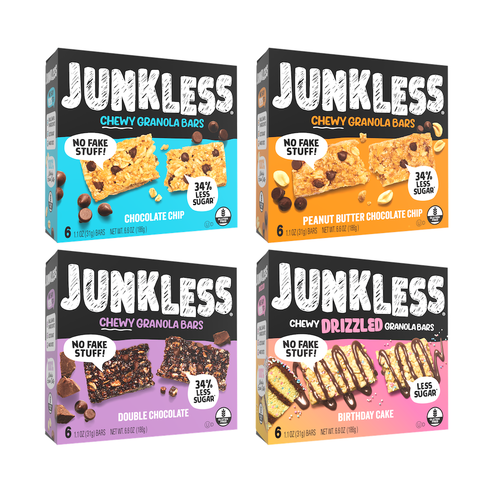Four boxes of Junkless Chewy Granola Bars with different flavors on a white background
