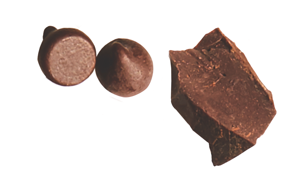 Two whole chocolate chips and one broken piece on a white background
