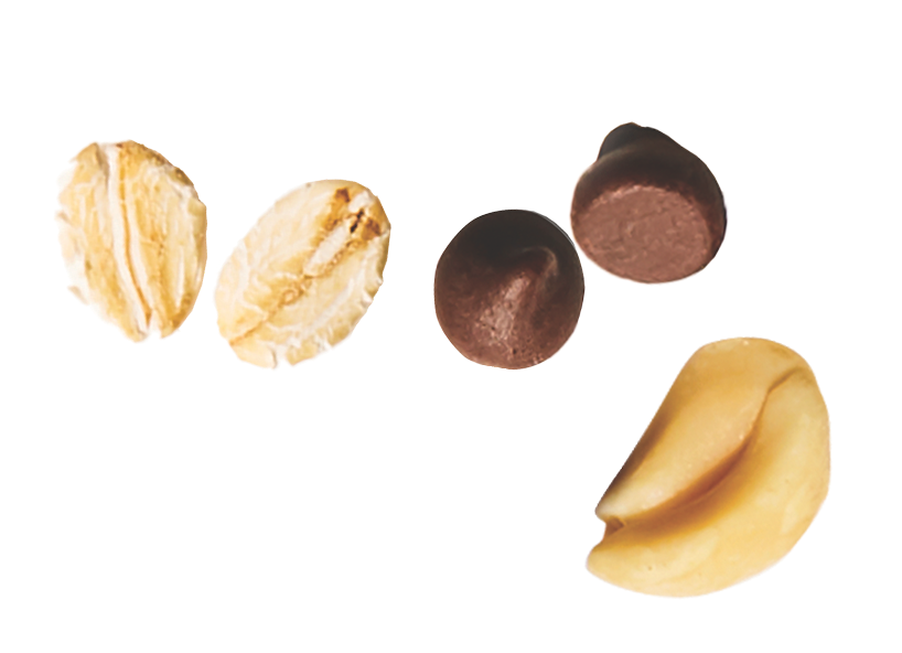 One peanut, two oats and chocolate chips on a white background