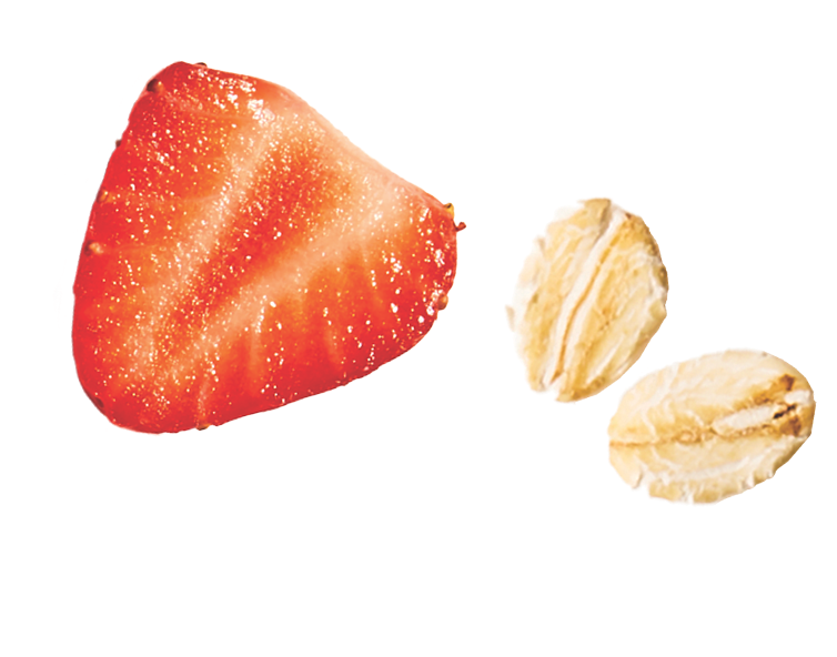 Half of a strawberry with two oats on a white background
