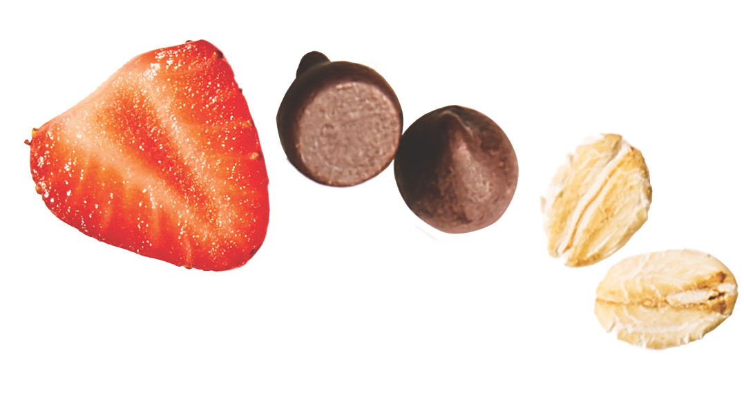Strawberry and chocolate chips  and oats on a white background