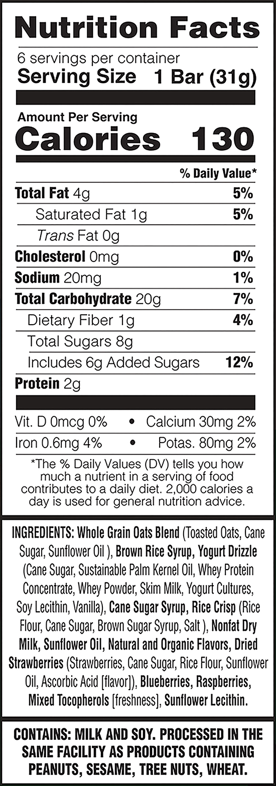 Nutrition facts label for a product with serving size, calories, and ingredient list.