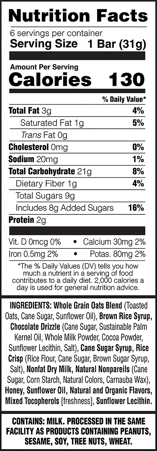 Nutrition facts label for a bar product with serving size, calories, and ingredient list.