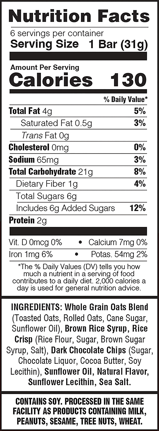 Nutrition facts label for a granola bar with serving size, calories, and ingredient list.
