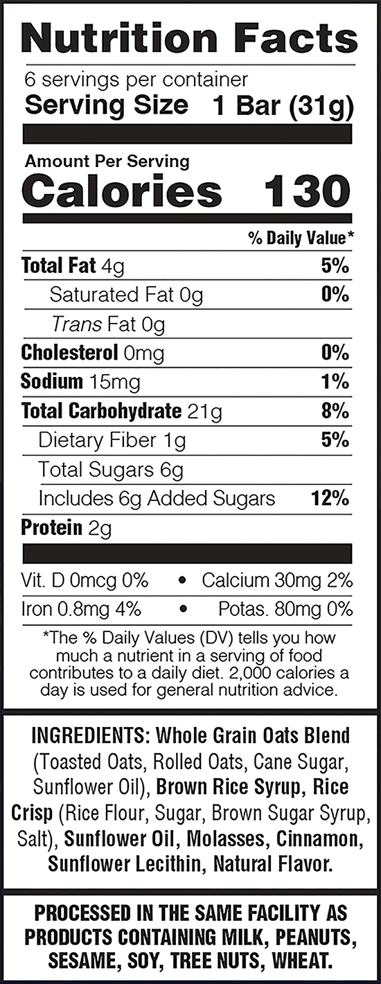 Nutrition facts label for granola bars with serving size, calories, and ingredient list.