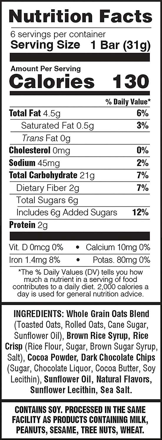 Nutrition facts label for a granola bar with serving size, calories, and ingredient list.