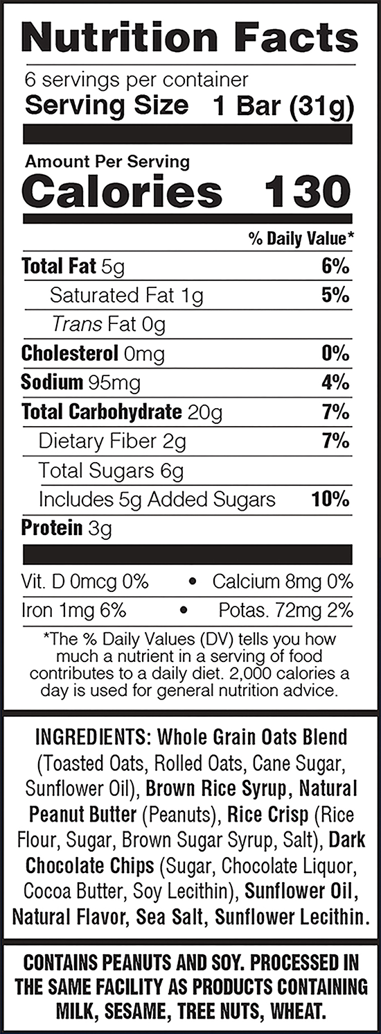 Nutrition facts label for a granola bar with serving size, calories, and ingredient list.