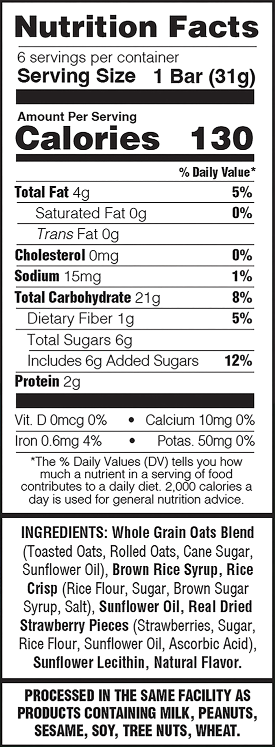 Nutrition facts label for a granola bar with detailed information on calories, fat content, and ingredients.