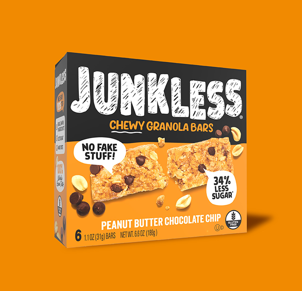 Box of Junkless Peanut Butter Chocolate Chip Chewy Granola Bars on an orange background