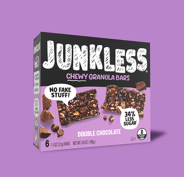 Box of Junkless Chewy Granola Bars on a purple background