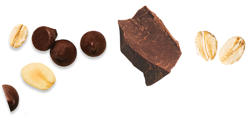 Assorted chocolate pieces and nuts on a white background