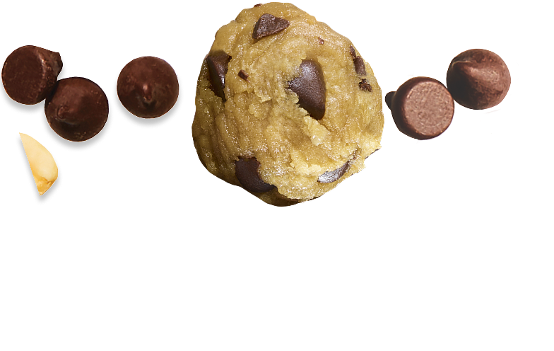 Cookie dough ball with chocolate chips on a white background