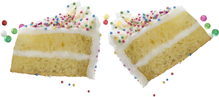 Two slices of cake with white frosting and colorful sprinkles on a white background