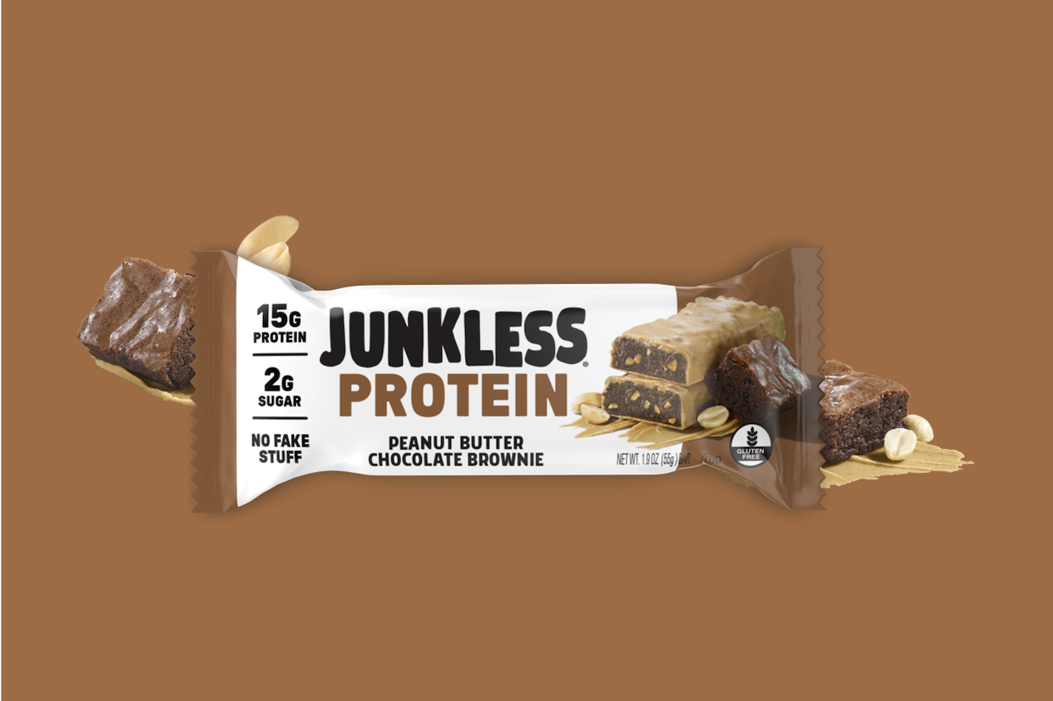 Junkless Protein Peanut Butter Chocolate Brownie bar packaging on a brown background
