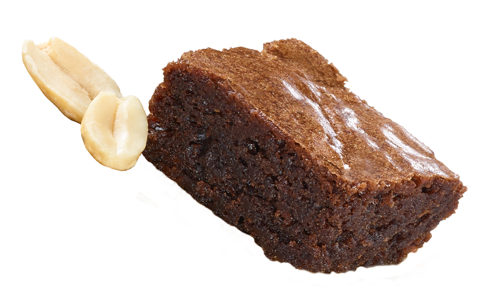 Chocolate brownie with two peanuts on a white background