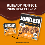 Junkless Chewy Granola Bars packaging on an orange background with text 'Already Perfect. Now Perfect-er.'
