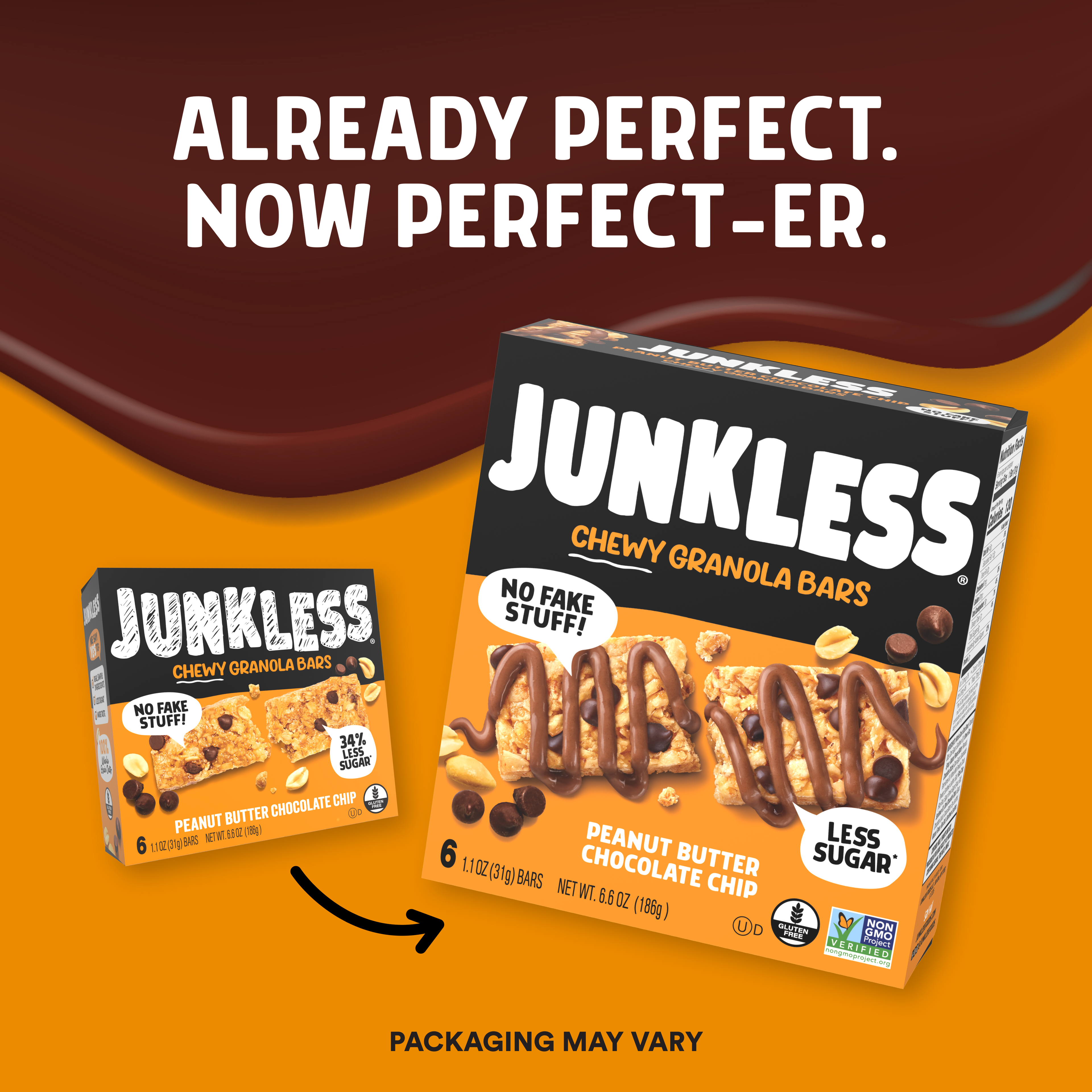 Junkless Chewy Granola Bars packaging on an orange background with text 'Already Perfect. Now Perfect-er.'