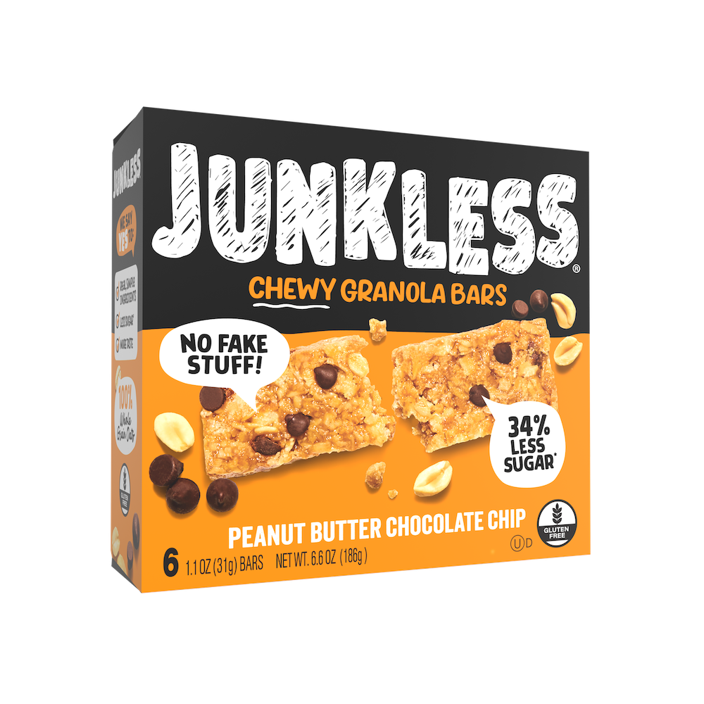 Box of Junkless Chewy Granola Bars with peanut butter chocolate chip flavor on a white background