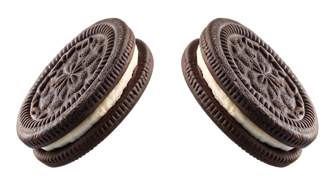 Two chocolate cookies with white icing filling on a white background