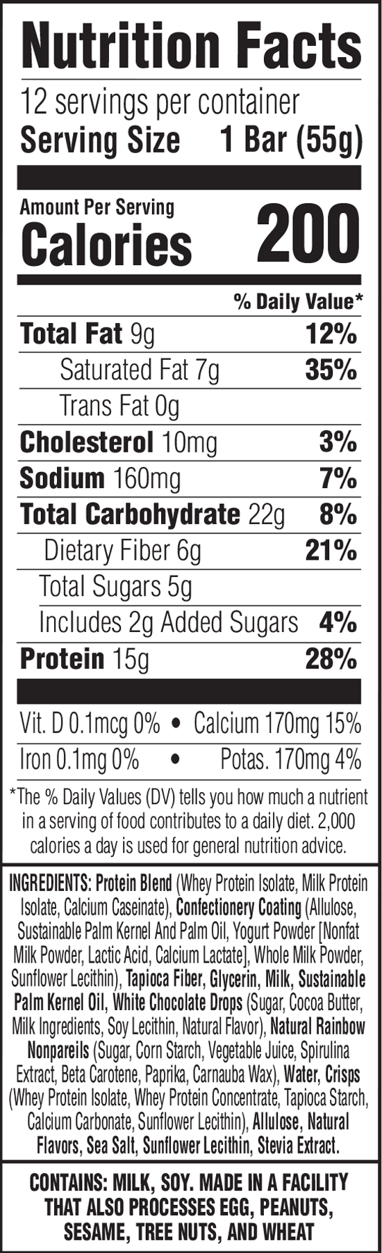 Nutrition facts label for a protein bar with detailed nutritional information.