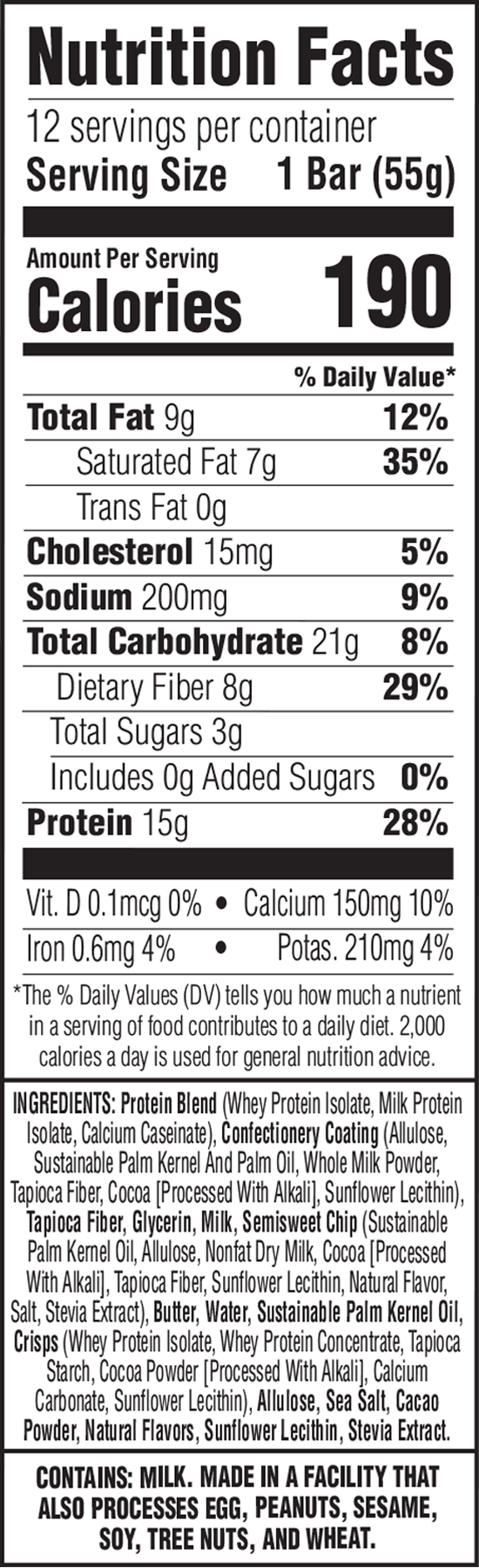 Nutrition facts label for a protein bar with serving size, calories, and nutritional content details.