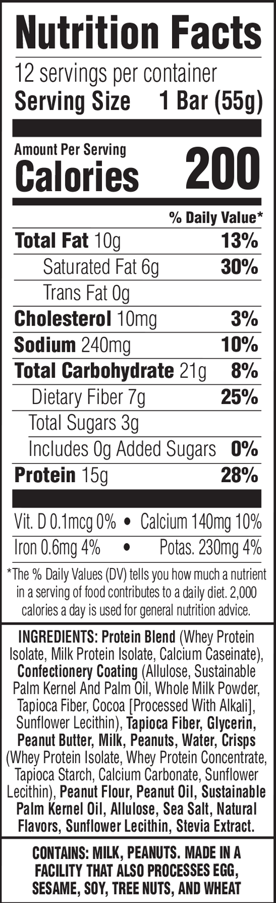 Nutrition facts label for a protein bar with serving size, calories, and ingredient list.